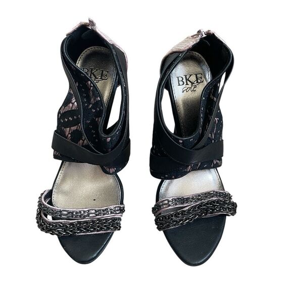 BKE Lace Open Toe Stiletto Sandals Size 7 Buckle Edgy Black Bikercore High Heels - Picture 2 of 12